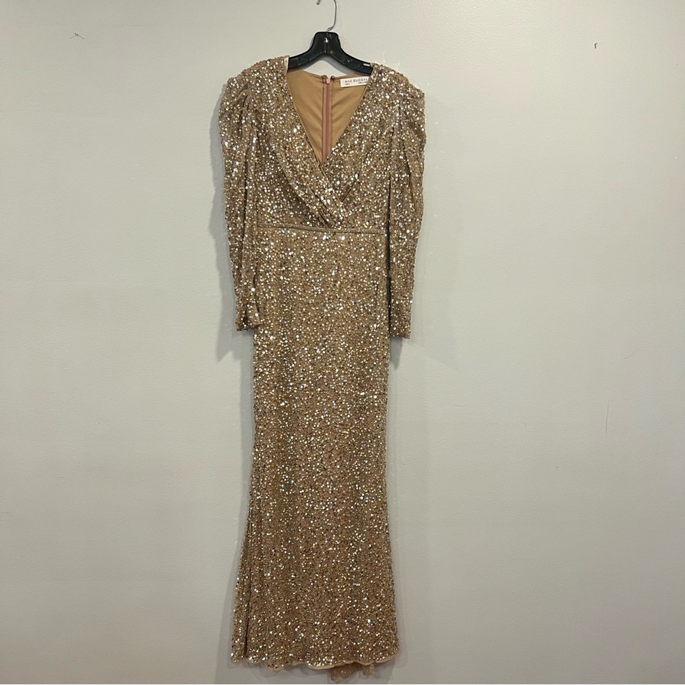Mac Duggal Shimmering Gold Sequined Puff Shoulder Surplice Evening Gown -Reemoly - Picture 4 of 16